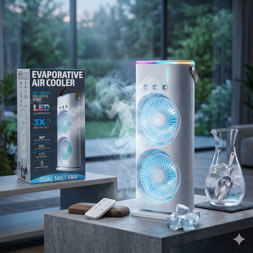 Frshly Breeze 3-in-1 Portable Air Cooler, Dual Fan Mini AC with Mist Humidifier, Type-C Rechargeable Desk Fan with RGB Light & 120° Rotation