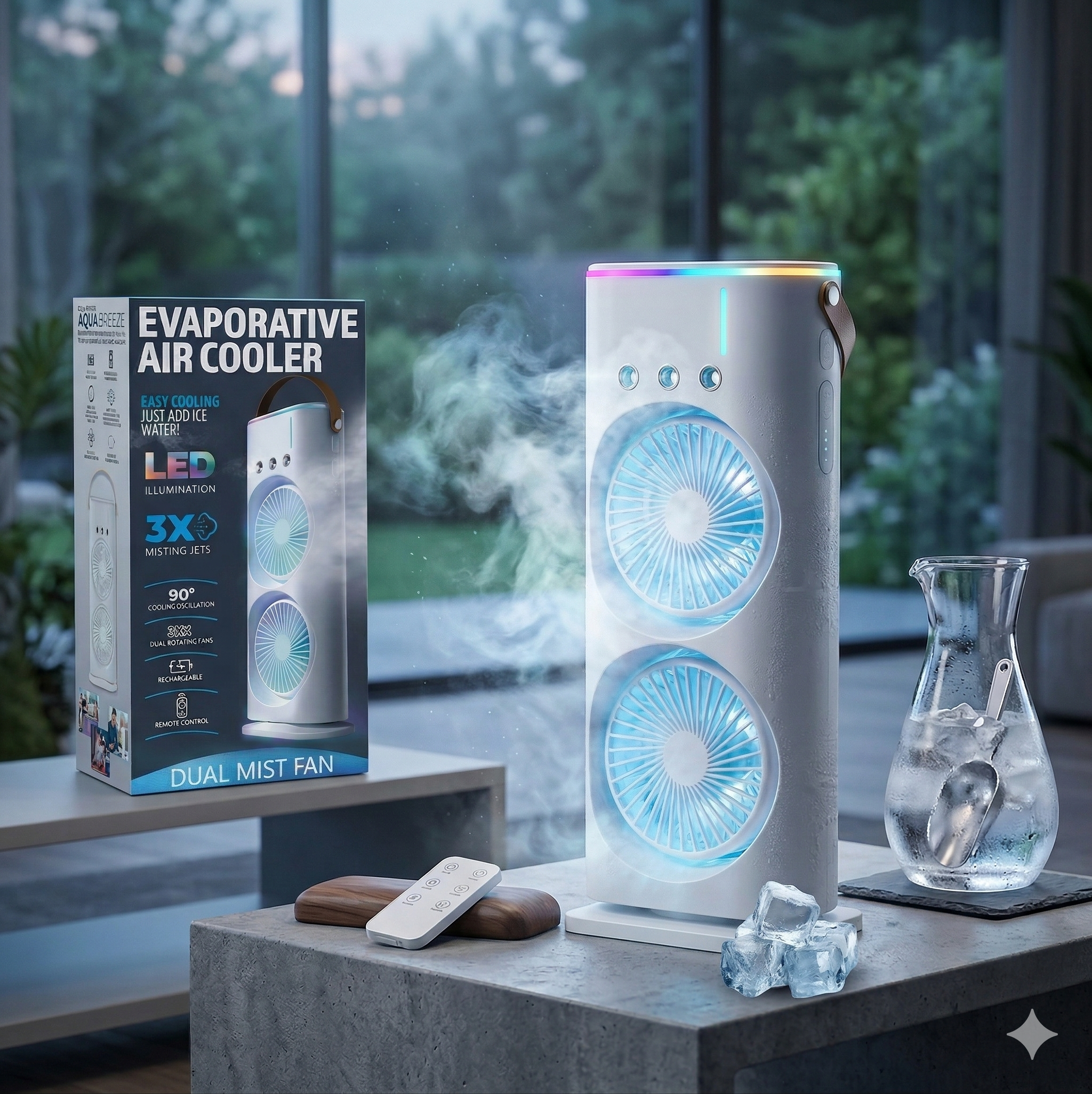 Frshly Breeze 3-in-1 Portable Air Cooler, Dual Fan Mini AC with Mist Humidifier, Type-C Rechargeable Desk Fan with RGB Light & 120° Rotation