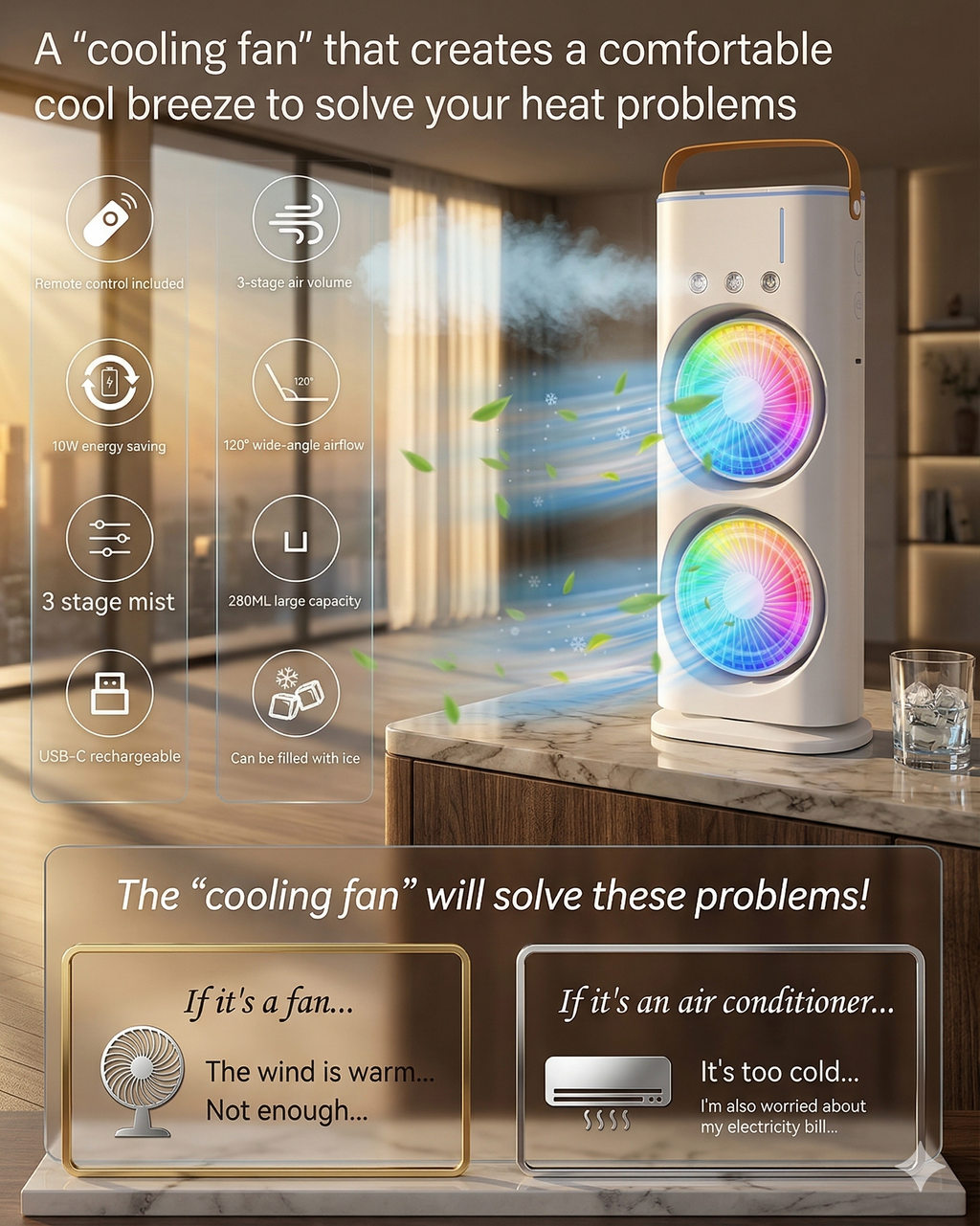Frshly Breeze 3-in-1 Portable Air Cooler, Dual Fan Mini AC with Mist Humidifier, Type-C Rechargeable Desk Fan with RGB Light & 120° Rotation