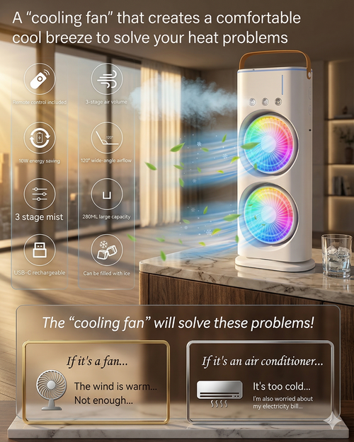 Frshly Breeze 3-in-1 Portable Air Cooler, Dual Fan Mini AC with Mist Humidifier, Type-C Rechargeable Desk Fan with RGB Light & 120° Rotation
