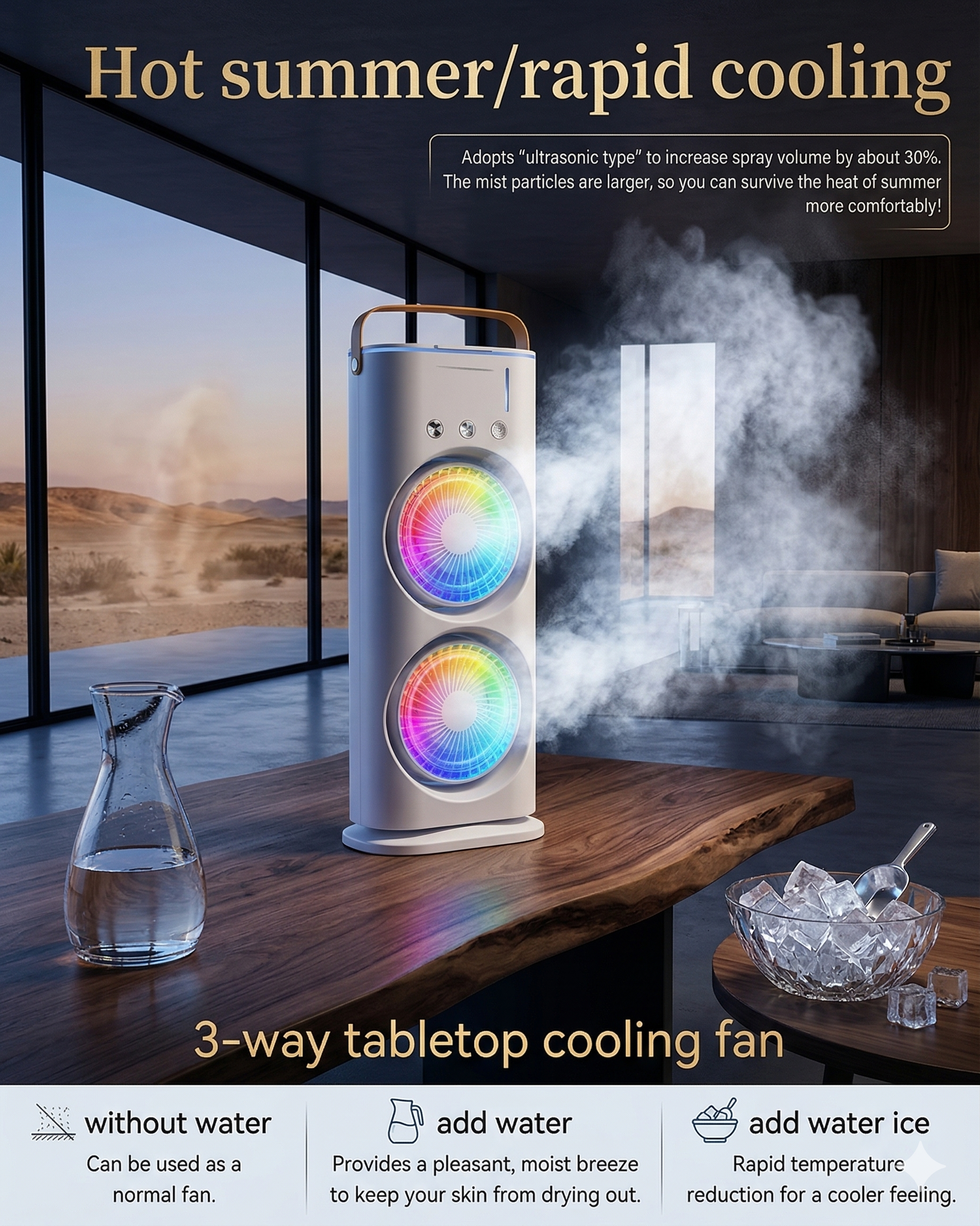 Frshly Breeze 3-in-1 Portable Air Cooler, Dual Fan Mini AC with Mist Humidifier, Type-C Rechargeable Desk Fan with RGB Light & 120° Rotation