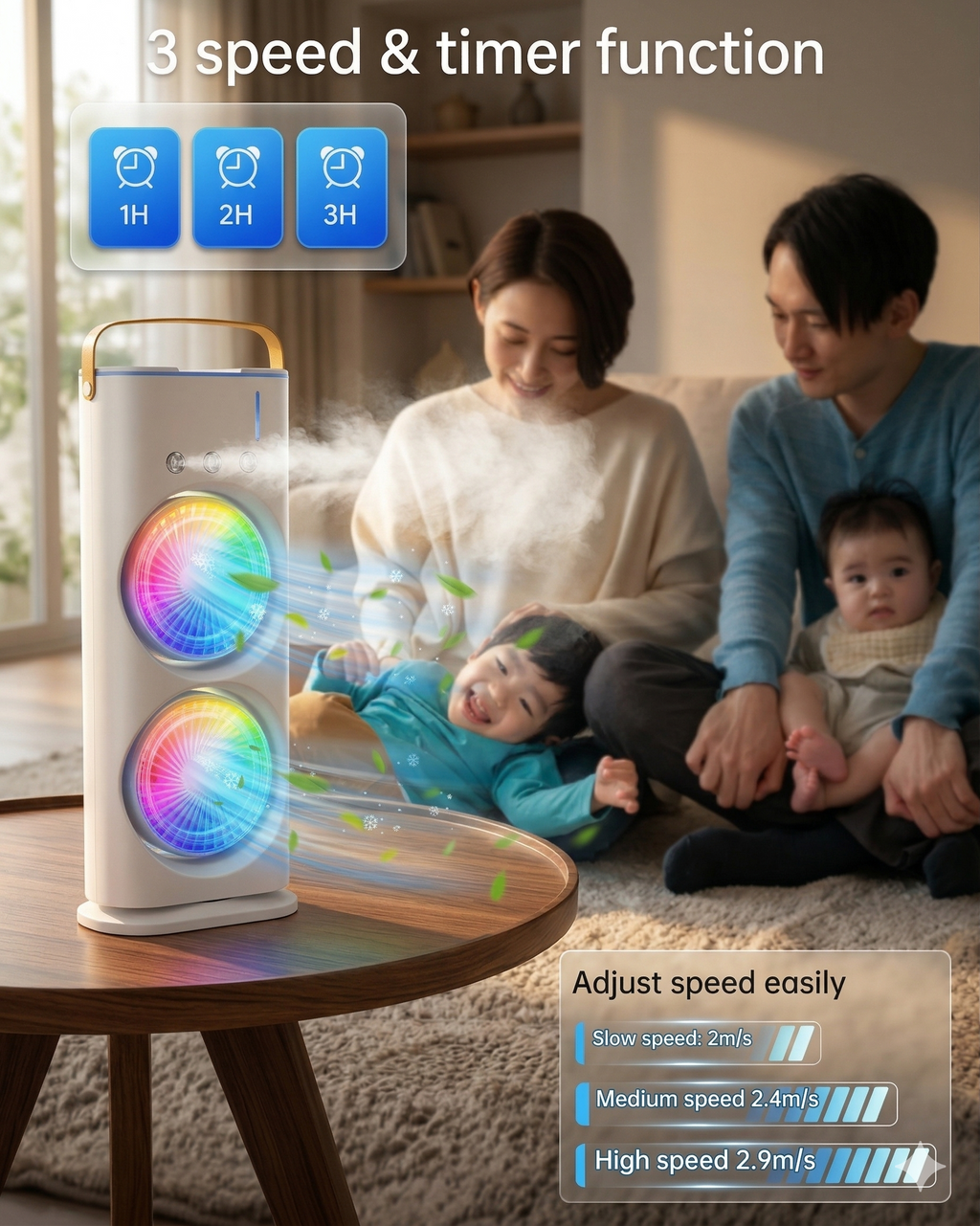 Frshly Breeze 3-in-1 Portable Air Cooler, Dual Fan Mini AC with Mist Humidifier, Type-C Rechargeable Desk Fan with RGB Light & 120° Rotation