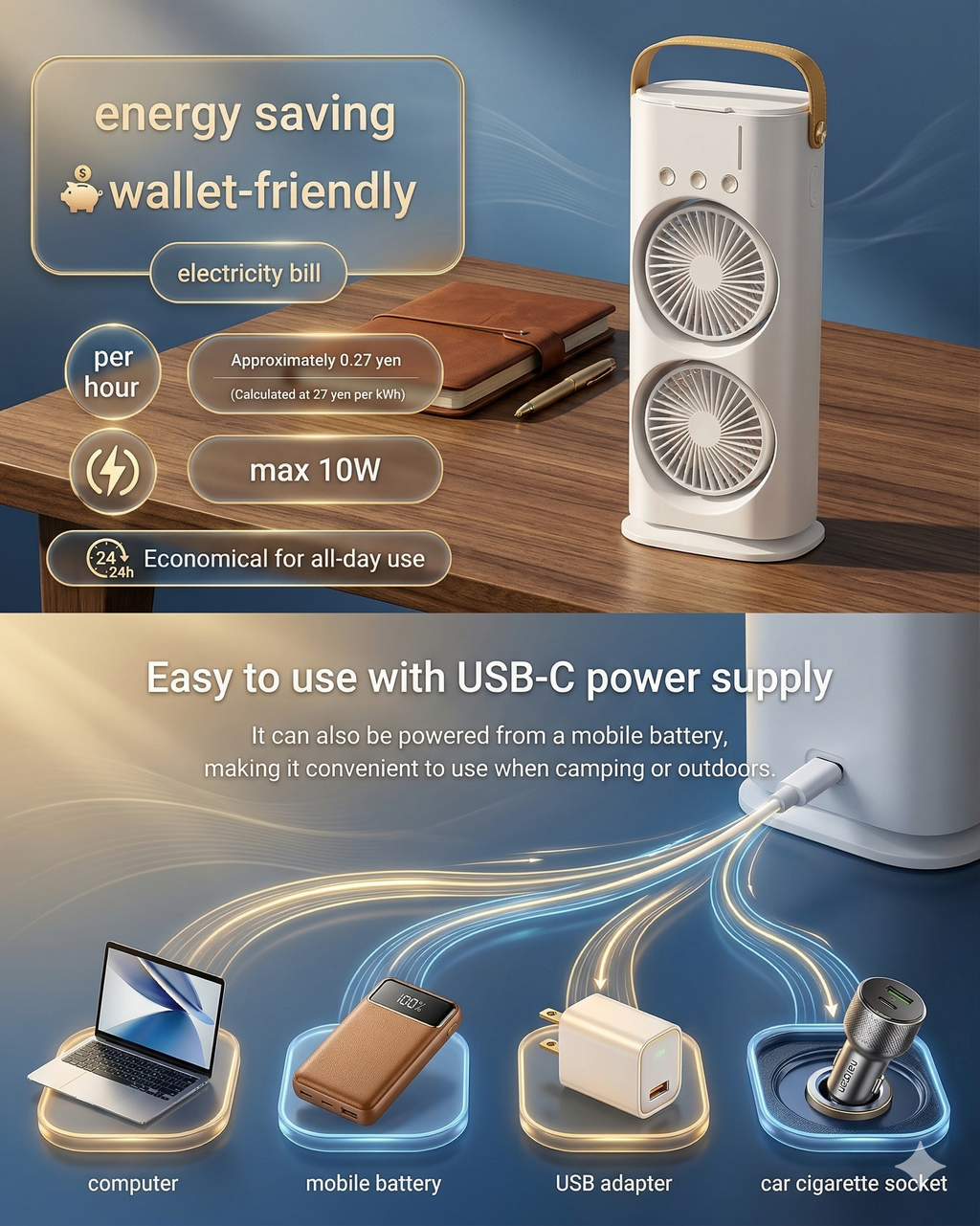 Frshly Breeze 3-in-1 Portable Air Cooler, Dual Fan Mini AC with Mist Humidifier, Type-C Rechargeable Desk Fan with RGB Light & 120° Rotation