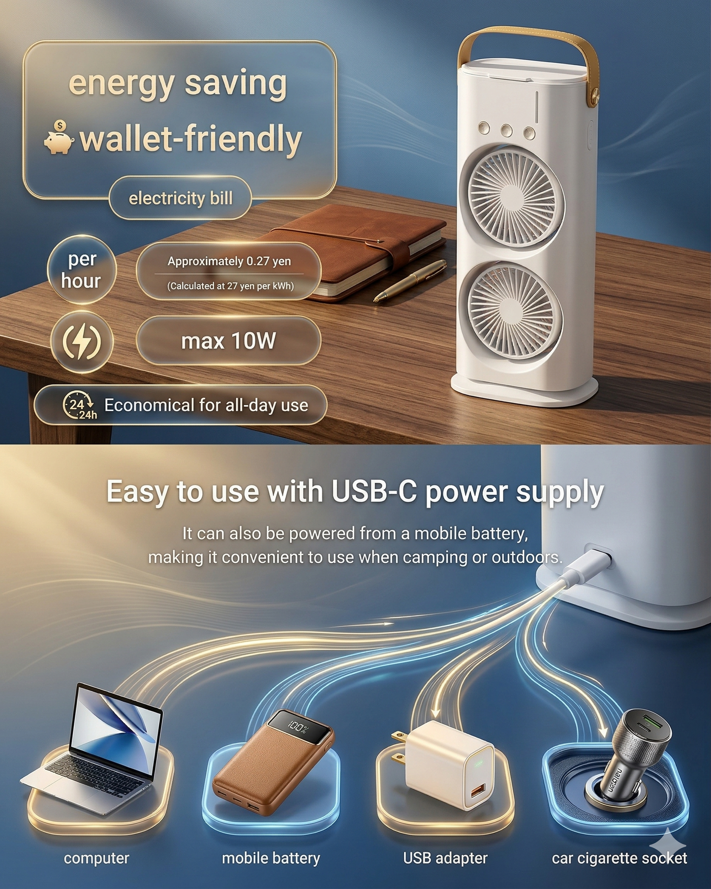 Frshly Breeze 3-in-1 Portable Air Cooler, Dual Fan Mini AC with Mist Humidifier, Type-C Rechargeable Desk Fan with RGB Light & 120° Rotation