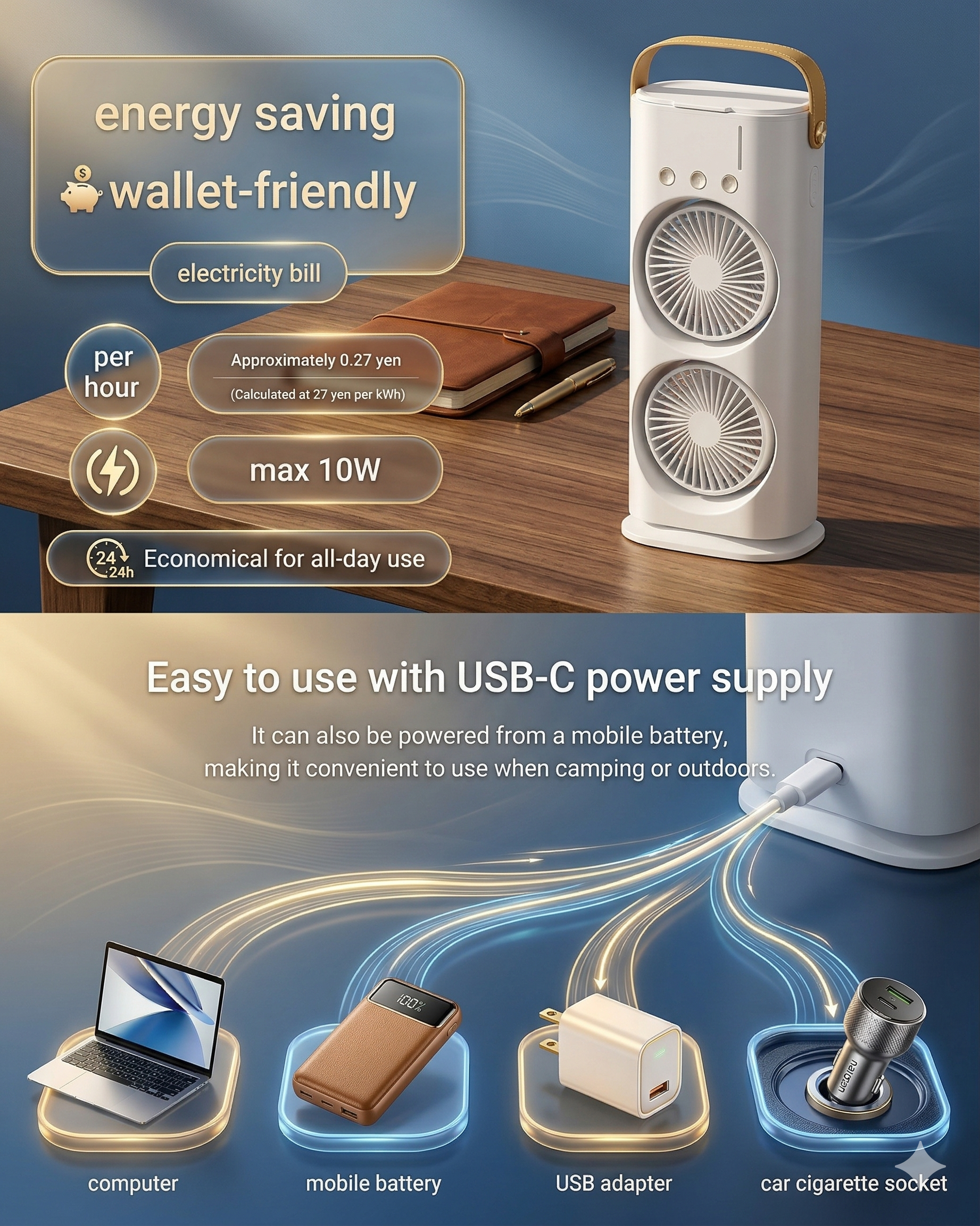 Frshly Breeze 3-in-1 Portable Air Cooler, Dual Fan Mini AC with Mist Humidifier, Type-C Rechargeable Desk Fan with RGB Light & 120° Rotation